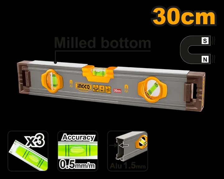 Spirit level with powerful magnets