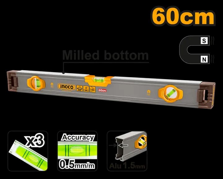 Spirit level with powerful magnets