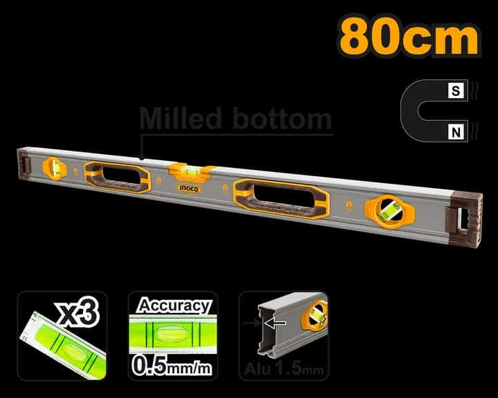 Spirit level with powerful magnets